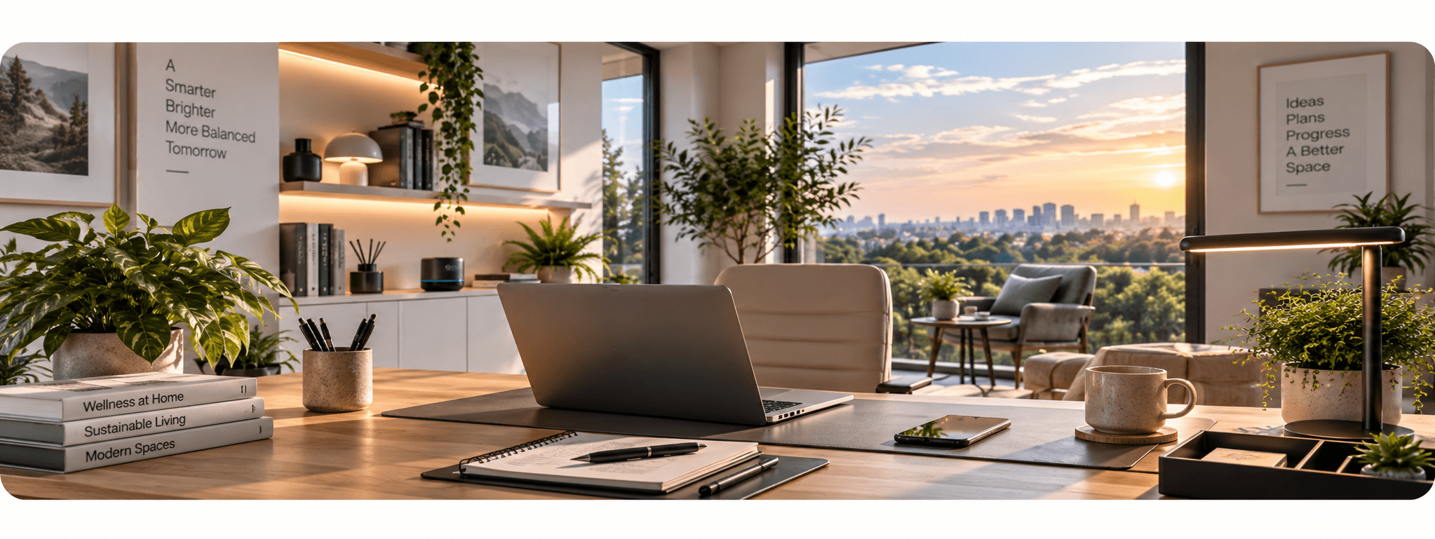 Modern home workspace with a laptop, stationery and smart home features