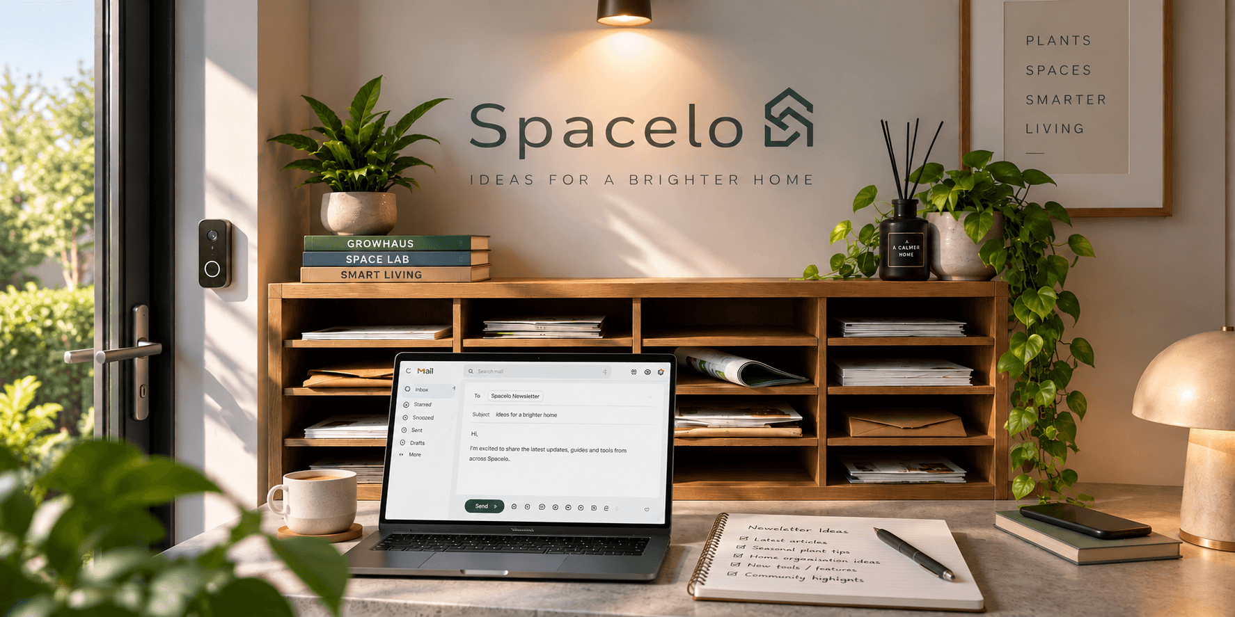 Spacelo home workspace with a laptop preparing a newsletter beside an organised home mail area