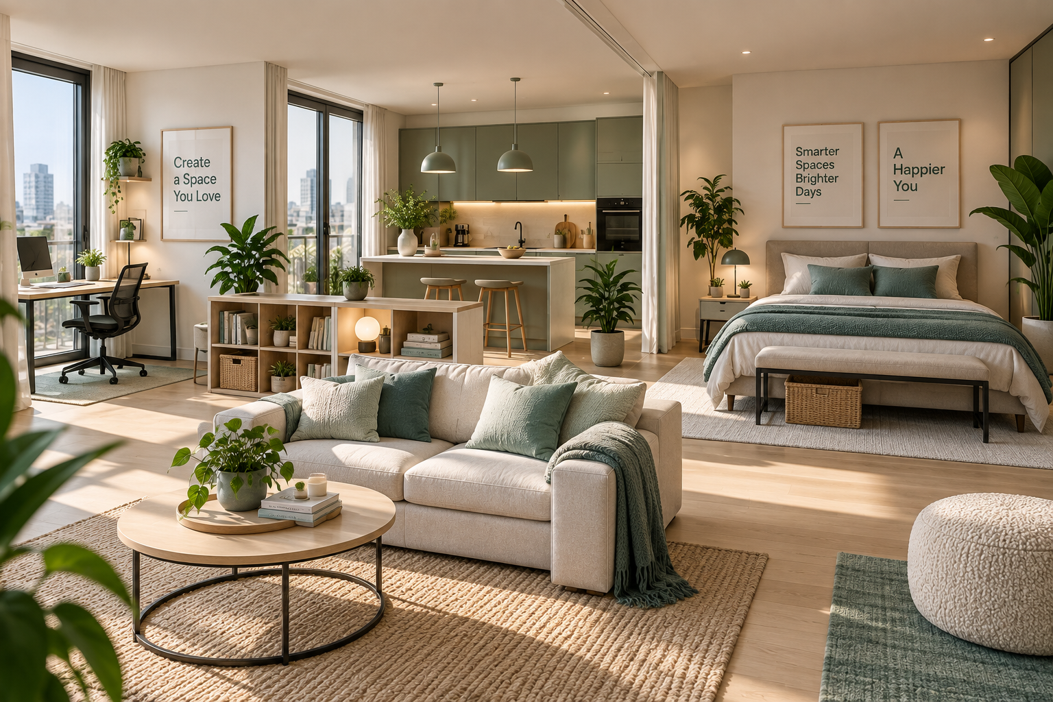 Modern open-plan studio arranged into living, working, kitchen and sleeping areas
