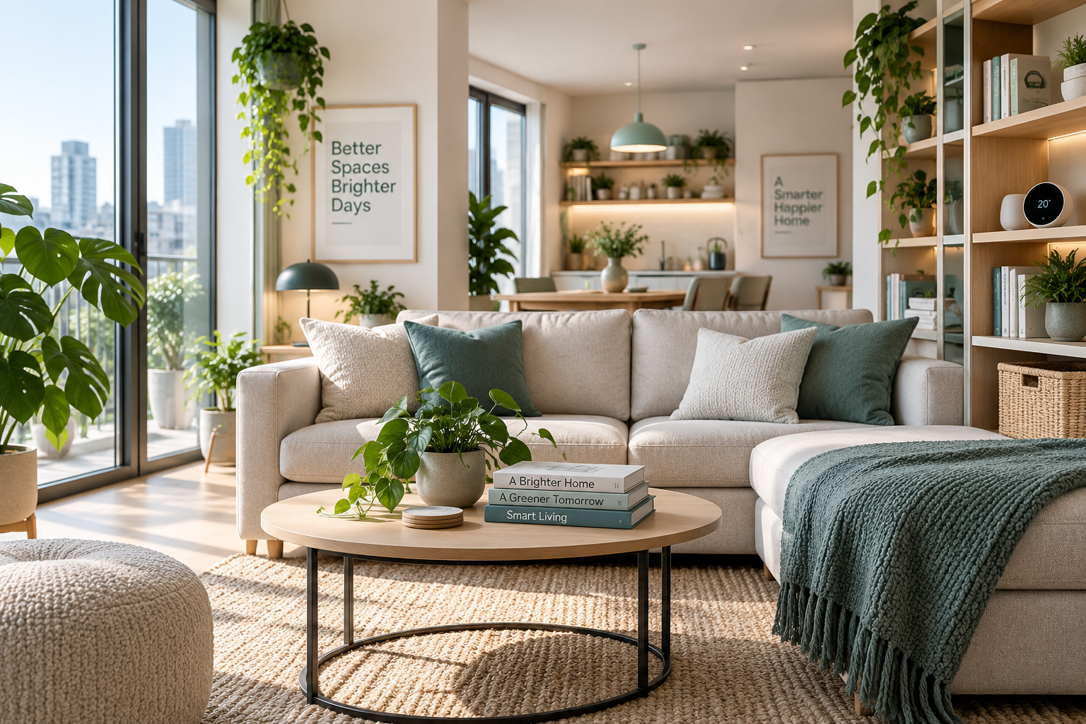 Bright modern living space with plants, organised storage and smart home details